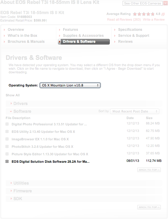 On the Driver & Software section, select :"EOS Digital Solution Disk Software for Mac OS X (For users who cannot use the bundled CD)"